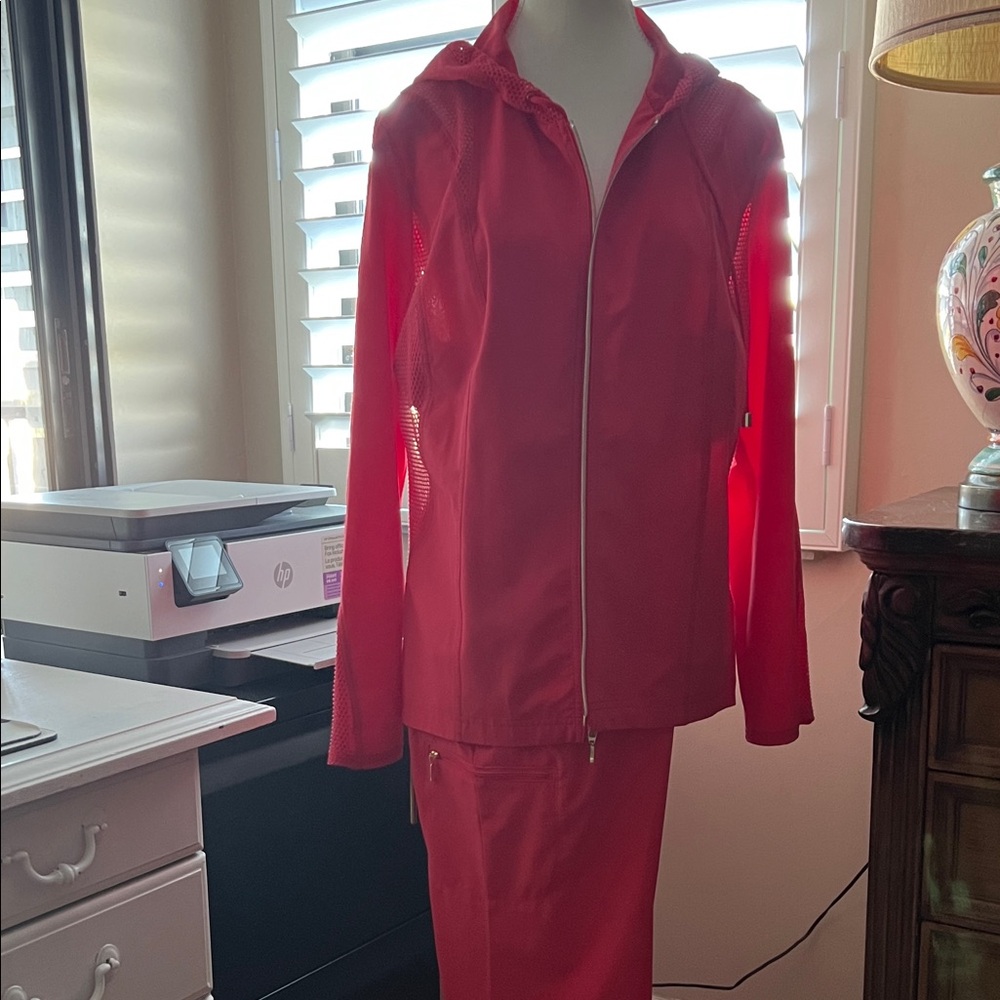 Red Hooded Jacket and pants.